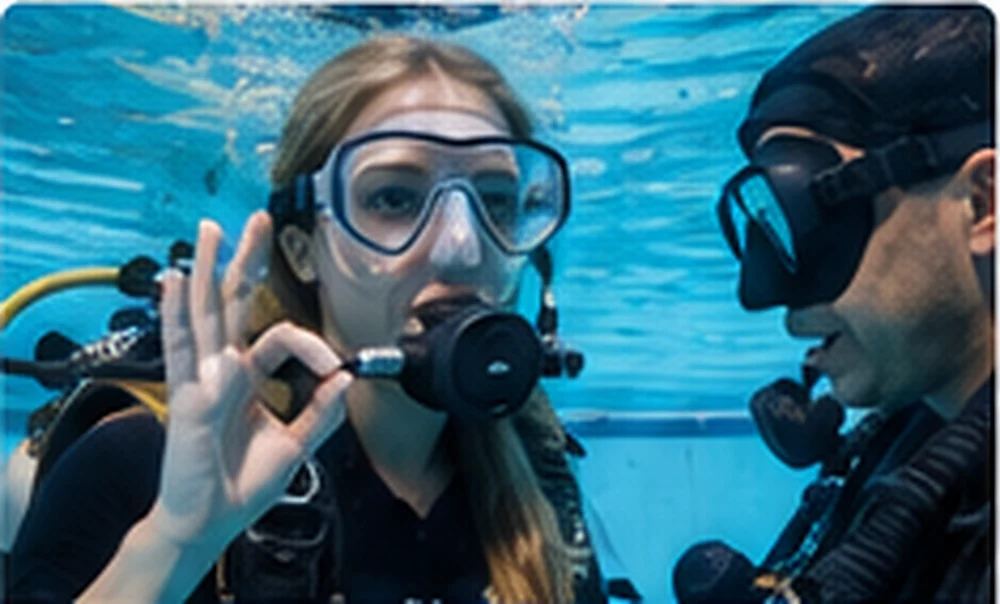 Taucherin beim ersten Tauchtraining im Pool mit Tauchlehrer