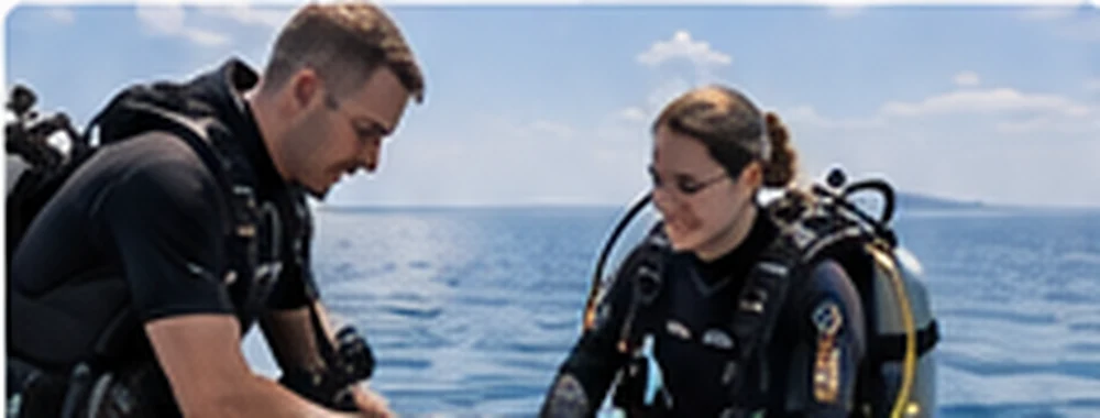 Tauchlehrer und Tauchschülerin bereiten sich am Meer auf einen Tauchgang vor