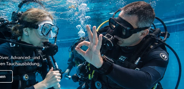 Tauchlehrer und Tauchschülerin unter Wasser
